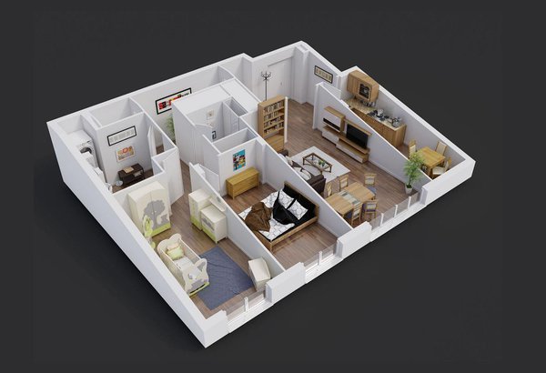 Ancienne configuration de l’appartement : la cuisine cloisonnée n’offre aucune communication directe avec la pièce à vivre qui combine salon et espace repas. Les chambres, ne possédant aucun rangement intégré, sont encombrées par les meubles. La circulation de la zone jour à la zone nuit est entravée par une imposante zone de placards. Le couloir fait perdre de l’espace.