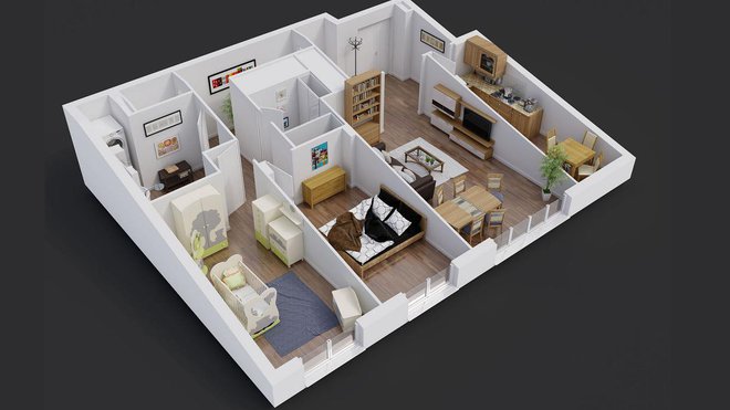 Ancienne configuration de l’appartement : la cuisine cloisonnée n’offre aucune communication directe avec la pièce à vivre qui combine salon et espace repas. Les chambres, ne possédant aucun rangement intégré, sont encombrées par les meubles. La circulation de la zone jour à la zone nuit est entravée par une imposante zone de placards. Le couloir fait perdre de l’espace.