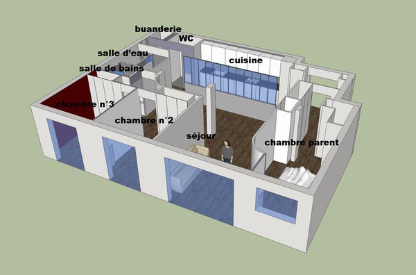 Les modifications apportées rééquilibrent la zone nuit et la zone jour. Les portes des deux chambres existantes ont été reculées pour dégager de l’espace pour le coin repas et la nouvelle salle de bains. La cuisine a été aménagée dans le couloir d’origine. Elle profite d’une double circulation. La verrière permet de capter la lumière du séjour. La chambre des parents offre un mur arrondi qui joue avec la volumétrie de l’espace.
