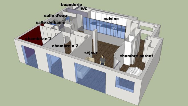 Les modifications apportées rééquilibrent la zone nuit et la zone jour. Les portes des deux chambres existantes ont été reculées pour dégager de l’espace pour le coin repas et la nouvelle salle de bains. La cuisine a été aménagée dans le couloir d’origine. Elle profite d’une double circulation. La verrière permet de capter la lumière du séjour. La chambre des parents offre un mur arrondi qui joue avec la volumétrie de l’espace.