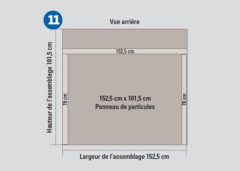 Etape 11 : fixez votre structure derrière le panneau de particules que vous venez de découper. Posez la structure de 38 mm x 89 mm sur le panneau et alignez-la avec le bord inférieur en laissant dépasser une longueur du panneau de particules de 16,5 cm à l’avant du dessus de bar. Placez des vis dans les quatre coins de la structure pour fixer le panneau de particules.