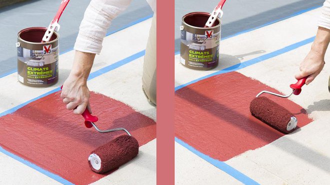 Etape 8 : peignez ensuite le sol au rouleau en passes croisées en fonction des couleurs choisies, puis laissez sécher cette première couche durant 6 heures.