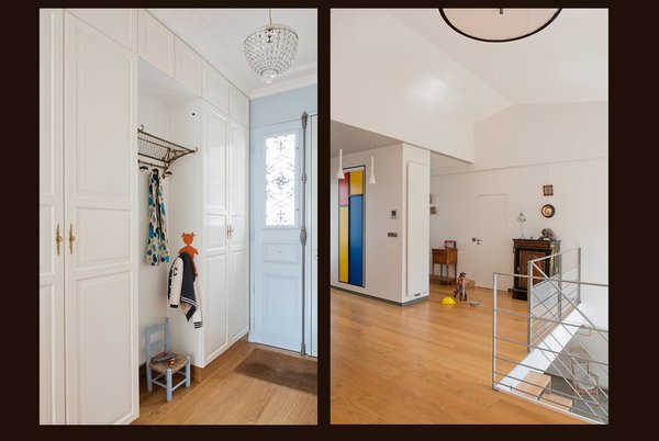 L’entrée a conservé sa porte d’origine en bois et ferronneries d’art. Les nouvelles corniches en staff et les placards à caisson accompagnent la transition vers l’intérieur contemporain de la maison.