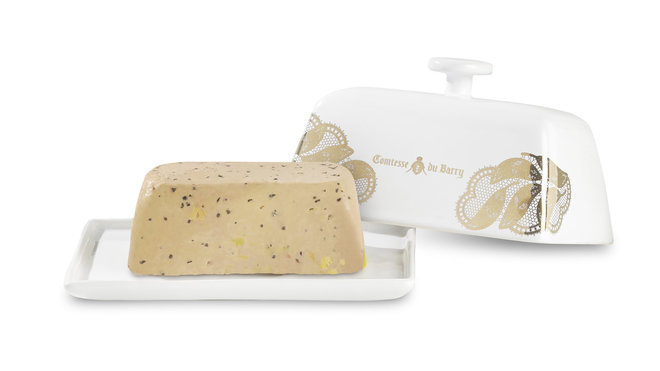 Terrine en porcelaine et foie gras canard du Sud-Ouest entier 200 g, pour présenter dignement le bloc de foie gras.