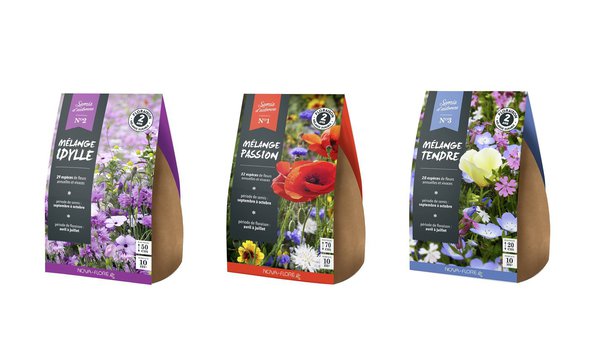 La nouvelle gamme de semis d’automne Novaflore pour se préparer de bien jolies prairies fleuries au printemps prochain, composée de 3 mélanges : Idylle, Passion, Tendre. Semis de septembre à octobre, floraison d’avril à juillet, exposition ensoleillée recommandée.