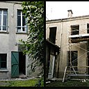 Côté jardin, les ouvertures du premier niveau ont été agrandies à la verticale en accord avec la création de la trémie et de la mezzanine.