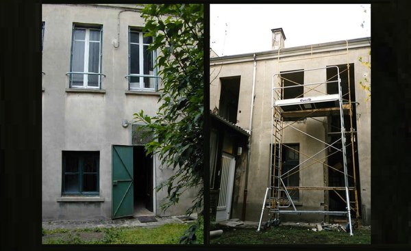 Côté jardin, les ouvertures du premier niveau ont été agrandies à la verticale en accord avec la création de la trémie et de la mezzanine.