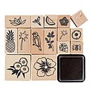 Un lot de 15 tampons, motif tropical. Vendu avec le coussin encreur. 2,50 €.