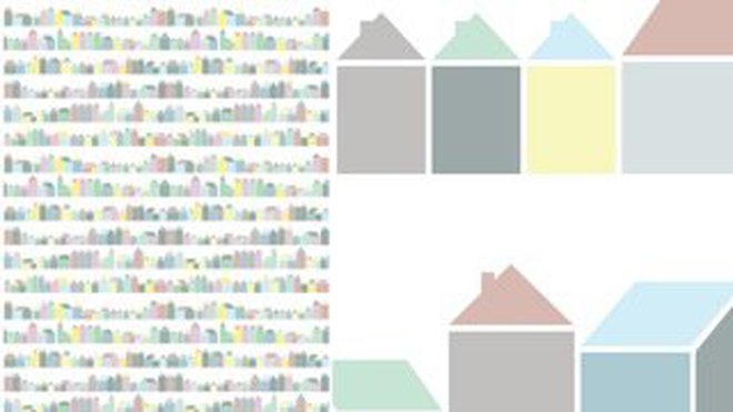 Motifs naïfs pour ce papier-peint non tissé créé par l’artiste Inke Heiland. Livré sous la forme de 4 lés de 50 cm de largeur de 3 mètres de long, 149 €. Papier-peint Maisons pastel. The Collection.