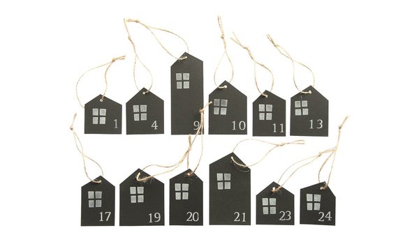 24 petites maisons en papier cartonné noir, numérotées et munies de ruban. Fabrication artisanale. 8,40 €. GuteGaben. Dawanda.
