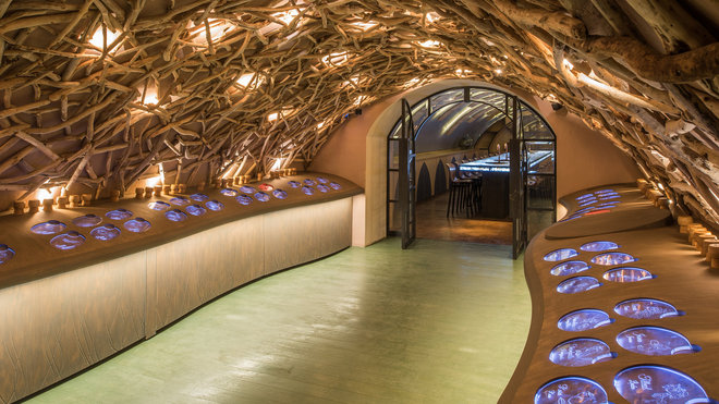 L’odorat. Sous une toiture de bois flottés, vous découvrez les 42 arômes captés dans de gros bouchons en bois. Une grande roue montre les correspondances entre terroirs, cépages et arômes.