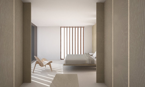 Les chambres sont tapissées de panneaux en bois qui dessinent des alcôves intimistes.