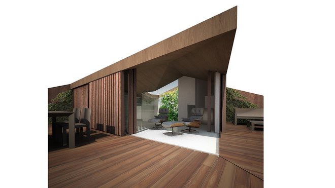 Comme un mirador, la terrasse en hauteur compose un volume ouvert propice à l’observation. Comme un mirador, la terrasse en hauteur compose un volume ouvert propice à l’observation.