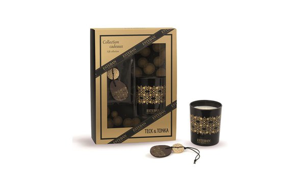 Ce coffret compte une bougie parfumée rechargeable en cire 100 % végétale et un gri-gri à suspendre. 27,90 €. Teck &amp;amp;amp;amp;amp;amp;amp;amp; Tonka. Estéban.
