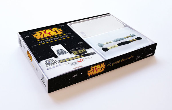 Coffret Star WarsPoint De Croix pour broder 16 projets tendances avec les personnages de la série.: Yoda, Dark Vador, les stormtroopers, R2 D2 sur coque d'I Phone, serviette de bain, bracelet etc. Paru aux éditions Larousse 13,95 €