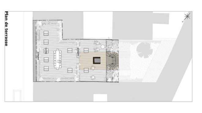 Plan de la terrasse qui accueille en partie des zones de potagers et des ruches. Plan de la terrasse qui accueille en partie des zones de potagers et des ruches.