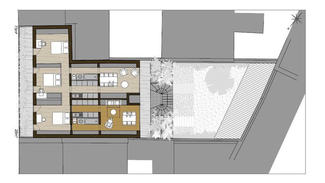 Plan Type 1 avec un appartement de 73 m² et un studio T1 de 28 m² . Plan Type 1 avec un appartement de 73 m² et un studio T1 de 28 m² .