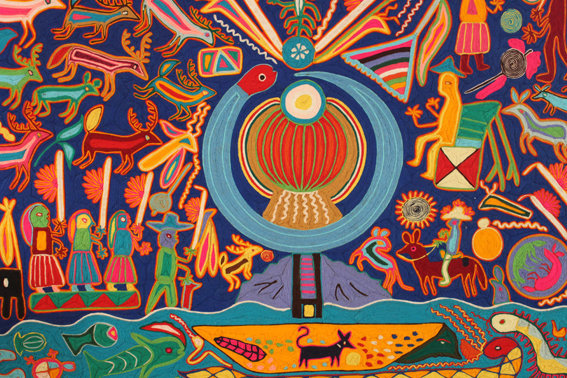 Tableau Huichol en fils  aux couleurs éclatantes qui fascinent depuis le milieu du XXème siècle les amateurs d'art.
