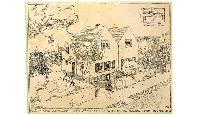 Bucolique, cité-jardin Batavia à Roulers, 1919. Perspective et plan des habitations de type M. Réalisation des architectes Fernand Bodson et Antoine Pompe. Bucolique, cité-jardin Batavia à Roulers, 1919. Perspective et plan des habitations de type M. Réalisation des architectes Fernand Bodson et Antoine Pompe.