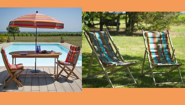 La gamme Samba vous invite au voyage avec ses couleurs rayées et pimpantes. Cette gamme se décline autour de deux thèmes de couleurs: l’un fuchsia/orange et l’autre avec une base turquoise. Les modèles sont entièrement élaborés en fibres acryliques Dralon. De nombreux produits appartiennent à la gamme Samba. Ici, on observe un parasol, des chiliennes matelassées ainsi que des revêtements de chaises Samba, mais l’on trouve encore des futons tout comme des coussins appartenant à cette même gamme.