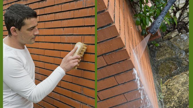 Etape 2 : éliminez le maximum de mousses et de lichens en brossant votre mur, et si besoin utilisez un nettoyeur à haute pression.