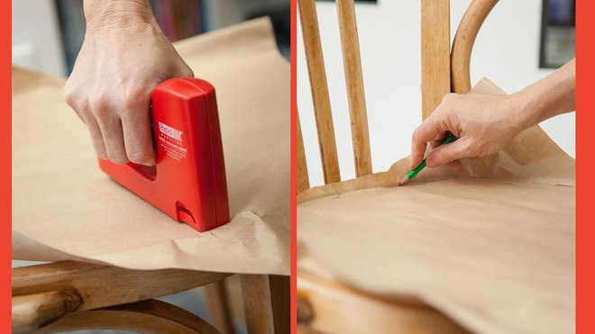 Etape 4 : pour recréer une nouvelle assise, commencez par agrafer un papier kraft sur le pourtour de l’assise du siège, puis à l’aide d’un crayon qui découpera le papier, faites une prise d’empreinte des dimensions de l’assise actuelle.