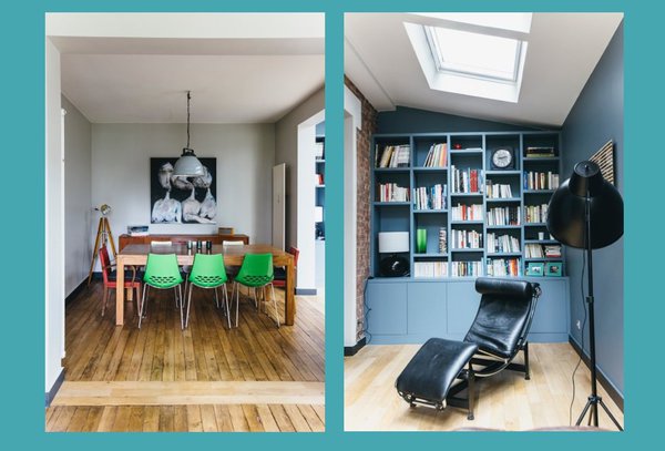 Le salon est agrémenté d’une bibliothèque sur mesure qui occupe toute la largeur de l’extension. Chaise longue LC2, création Charlotte Perriand, Le Corbusier, Pierre Jeanneret, éditée par Cassina. Il  jouxte et communique avec la salle à manger voisine. La table de repas est occultée par un pan de mur.