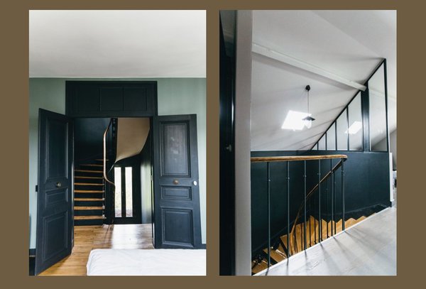 L’ancienne cage d’escalier a été conservée et mise en valeur par une teinte foncée. Au dernier niveau, sous les toits, on retrouve l’effet atelier des murs en partie vitrée qui crée un lien avec le rez-de-chaussée.