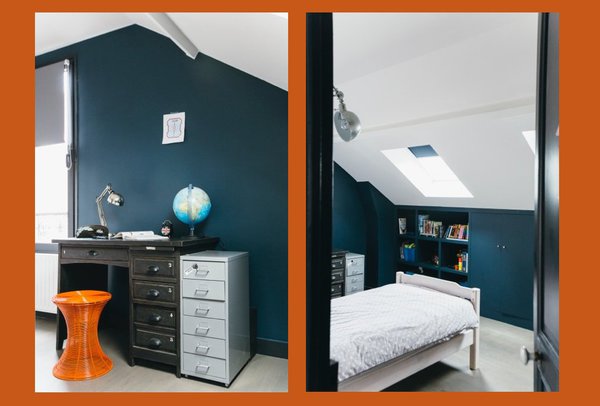 On retrouve la couleur bleu outremer de base qui habille l’espace et nappe les murs droits comme un écrin coloré.