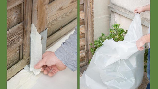 Etape 1 : posez une bâche au sol et fixez-la avec du ruban adhésif. Protégez également tous les abords de la zone à peindre, y compris les végétaux.