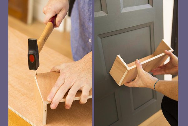 Etape 8 : assemblez les 4 planches (3 côtés et un dessous) avec des clous, puis collez la caissette à la porte, avec de la colle à bois. Renouvelez cette étape pour autant de caissettes souhaitées.