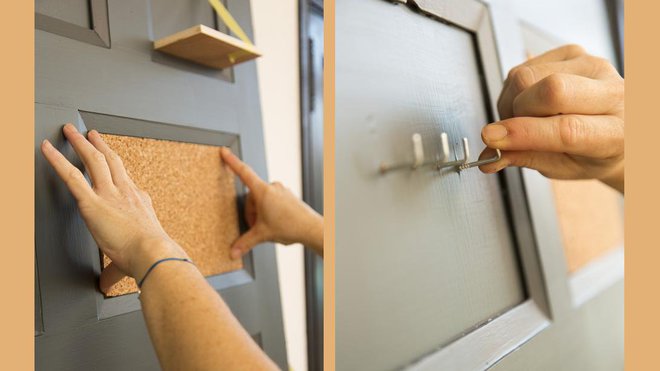 Etape 9 : collez un panneau de liège dans une des cases ; et vissez des crochets pour les utiliser comme porte-clés.