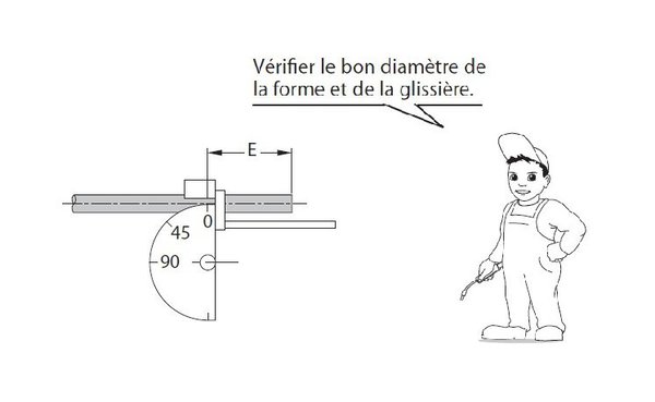 Etape 1 : Tracez l’entraxe E sur le tube. Positionnez ensuite le trait de l’entraxe E en face du repère 0° de la cintreuse. Vérifiez le bon diamètre de la forme et de la glissière.