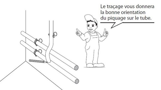 Etape 7 : Positionnez le dessautage et tracez le diamètre extérieur du tube. Le traçage vous donnera la bonne orientation du piquage sur le tube. Etape 7 : Positionnez le dessautage et tracez le diamètre extérieur du tube. Le traçage vous donnera la bonne orientation du piquage sur le tube.