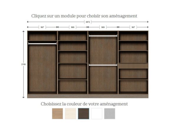 Tringles, étagères et tiroirs permettent de répondre aux principaux besoins de rangement. Et s’il n’y en a pas suffisamment, vous pouvez en ajouter.