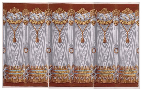 Papier-peint à motif répétitif à bordures, France, 1810/1820 papier rabouté, fond gris brossé à la main, impression à la planche de bois.