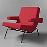 Fauteuil CM 195 édité par Thonet en 1958 qui met en relief les nouvelles mousses italienne de l’industriel Pirelli et un tissu révolutionnaire, le « Tessilastic » un polymère thermoplastique tissé en tube et possédant une grande élasticité. Comme pour la chauffeuse CM 194, l’usage du piétement métallique amorce une nouvelle ère de la modernité. En métal laqué, tissu, mousse, sangles et caoutchouc.