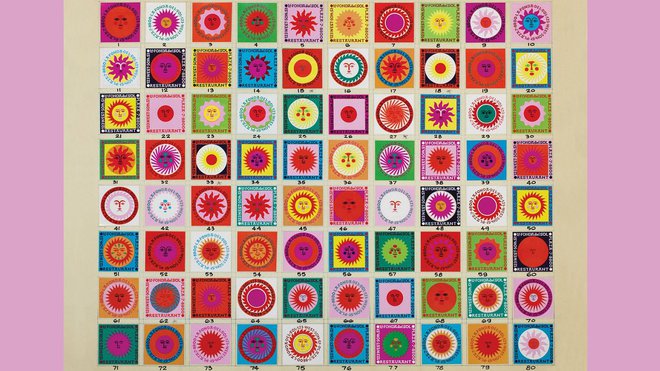 Création d’une déclinaison de motifs avec variation sur la forme du soleil pour les boîtes d’allumettes du restaurant La Fonda del Sol. Création Alexander Girard,1960. Création d’une déclinaison de motifs avec variation sur la forme du soleil pour les boîtes d’allumettes du restaurant La Fonda del Sol. Création Alexander Girard,1960.