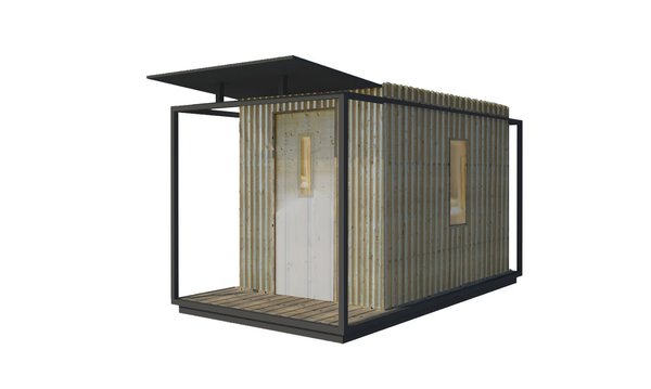 Un cabanon avec toit plat et auvent, modèle York, 2 x 3 m, à partir de 2600 €.