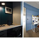 Chaque chambre possède son coin bureau. Simple plan de travail et applique vintage (réédition Lampes Gras) dans la chambre parentale. Bureau mobile (Ikea) et chaise de style années 1950 dans la chambre des garçons.