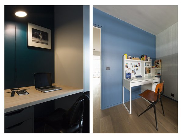 Chaque chambre possède son coin bureau. Simple plan de travail et applique vintage (réédition Lampes Gras) dans la chambre parentale. Bureau mobile (Ikea) et chaise de style années 1950 dans la chambre des garçons.