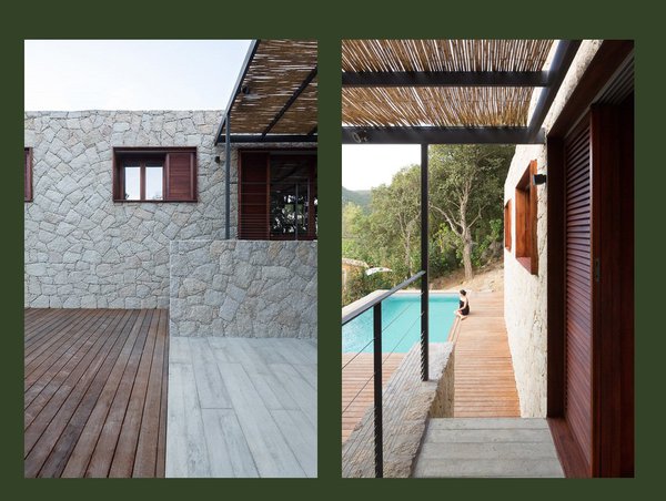 La pierre de façade n’est pas porteuse, mais elle ne forme pas qu’un simple habillage. Son épaisseur offre une isolation conséquente qui participe pleinement à l’inertie thermique de la façade. On remarque le sol en béton portant l’empreinte du bois de coffrage de la terrasse et les larges appuis de fenêtre qui mettent en évidence l’épaisseur totale des murs de 55 cm.