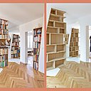 Les bibliothèques créent un élément visuel fort au cœur de l’espace traité en diagonale.