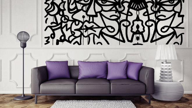 Influencé par son mouvement d'origine, le graffiti, son style s’apparente à la calligraphie, entre couleurs vives et noir et blanc. Mur peint, œuvre unique de l’artiste Louis Bottero. Influencé par son mouvement d'origine, le graffiti, son style s’apparente à la calligraphie, entre couleurs vives et noir et blanc. Mur peint, œuvre unique de l’artiste Louis Bottero.