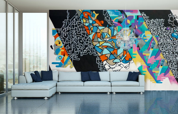 Issues du mouvement graffiti, les thématiques de cet artiste sont liées à la culture urbaine et sa passion pour les lettres. Mur peint, œuvre unique de l’artiste Soklat.