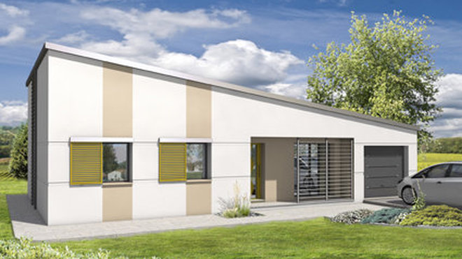 Toiture mono-pente, forme simple, les maisons destinées aux primo-accédants pourront souvent évoluer dans le temps et voir se greffer une extension.Modèle Adagio avec toiture bac acier, Maisons d’en France.