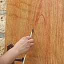 Etape 19 : Placer quelques effets de nœuds du bois au niveau de la naissance de la ronce ; utiliser de la terre d’Ombre brûlée appliquée du bout des soies de la brosse à tableau. Etape 19 : Placer quelques effets de nœuds du bois au niveau de la naissance de la ronce ; utiliser de la terre d’Ombre brûlée appliquée du bout des soies de la brosse à tableau.