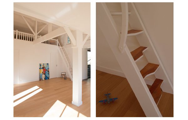 Tout l’espace, incluant la mezzanine existante, a été repeint en blanc. L’escalier a été travaillé en bicolore et modernisé, en soulignant le graphisme des marches.
