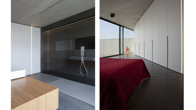 Les murs de rangements et les éclairages discrets traités comme des failles lumineuses participent à l’architecture intérieure, qui dégage des perspectives pour profiter pleinement des vastes volumes.