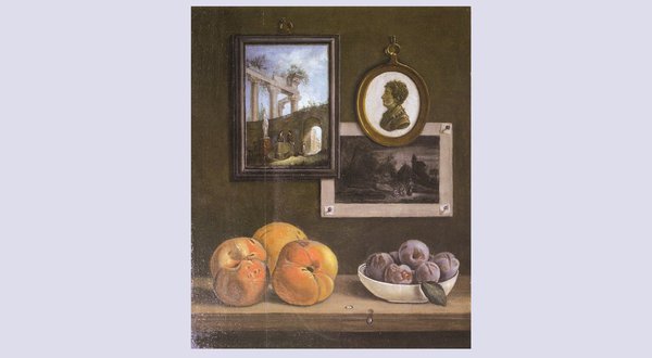 Par le peintre Eugène Poncelet-Delpech, trompe l’œil à l’assiette de fruits, huile sur toile, Collection Particulière.